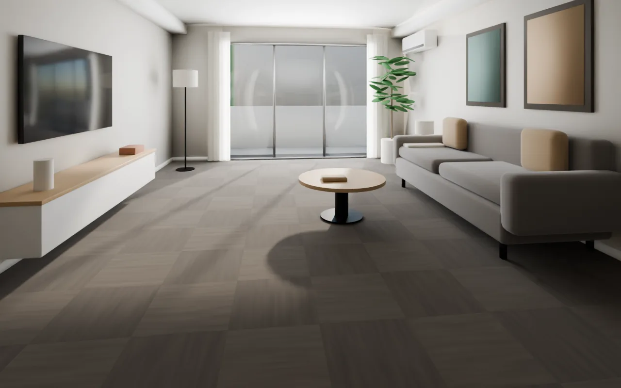 The same HDB-style living room with a generic taupe carpet tile, afternoon sun