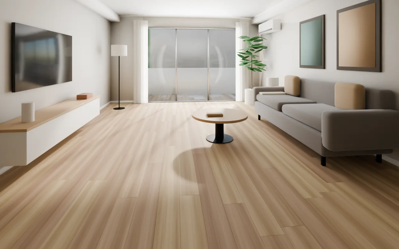 The same HDB-style living room with a generic natural oak engineered board, afternoon sun