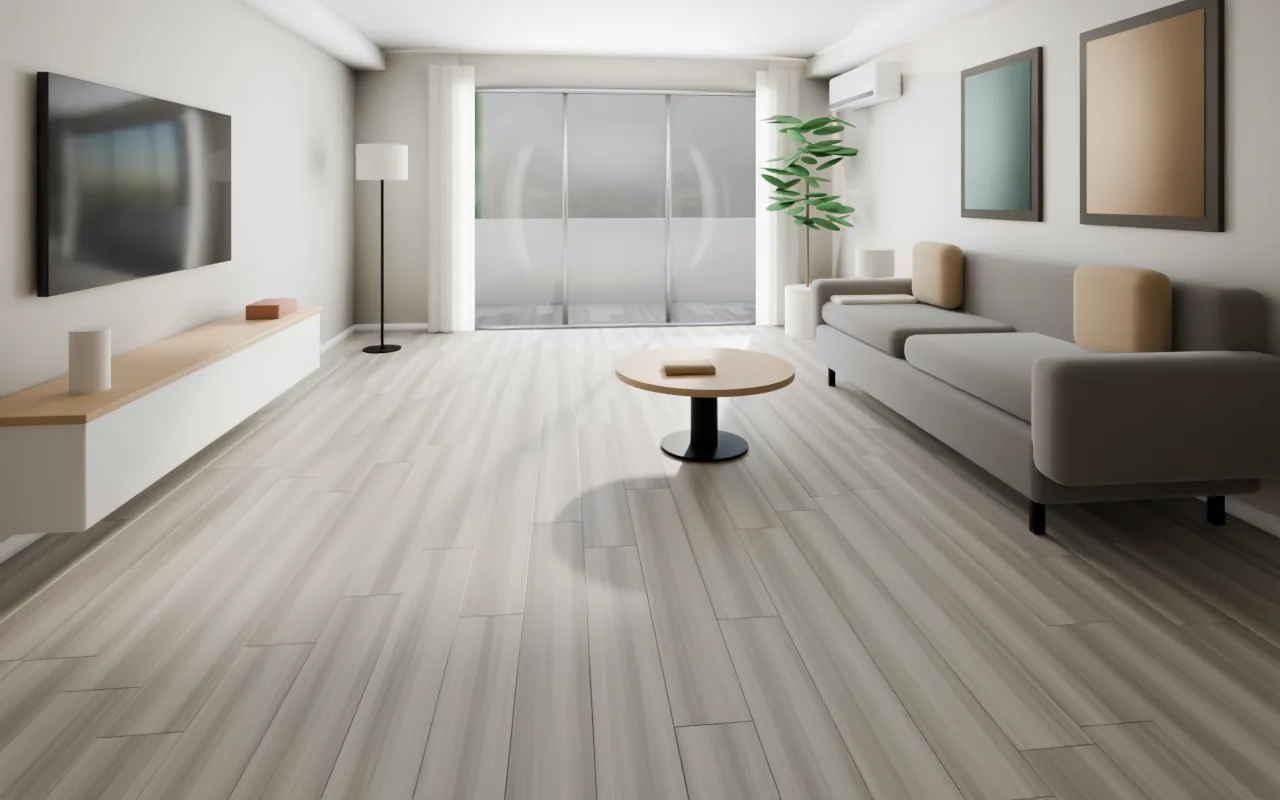 The same HDB-style living room with a generic grey oak-look laminate, afternoon sun