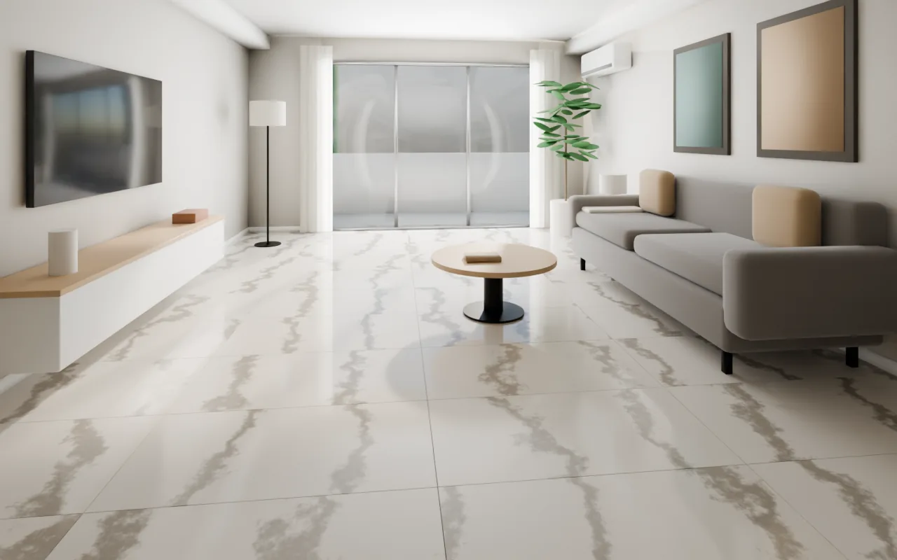 The same HDB-style living room with a generic polished marble-look porcelain, afternoon sun