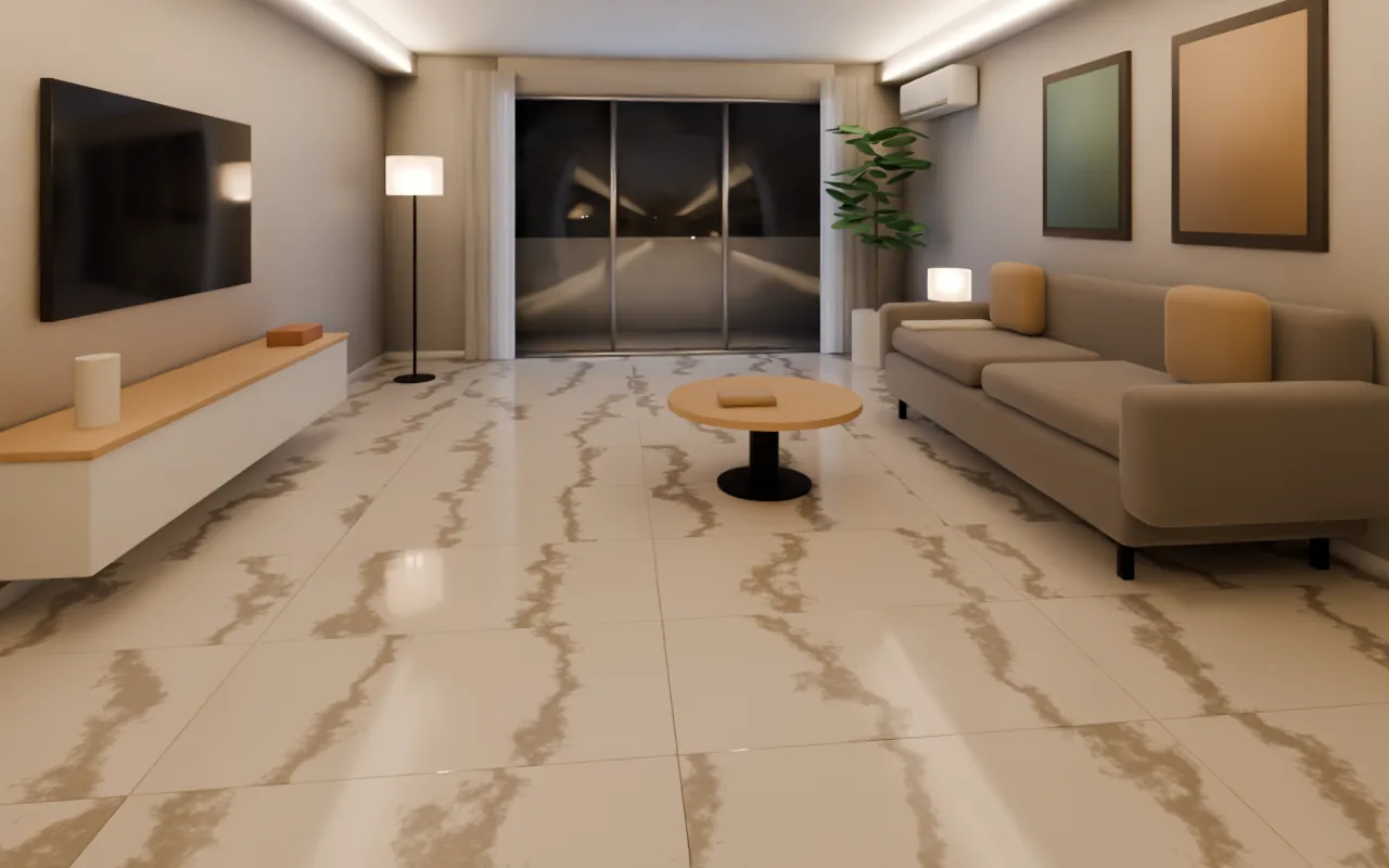 The same HDB-style living room with a generic polished marble-look porcelain, evening lights