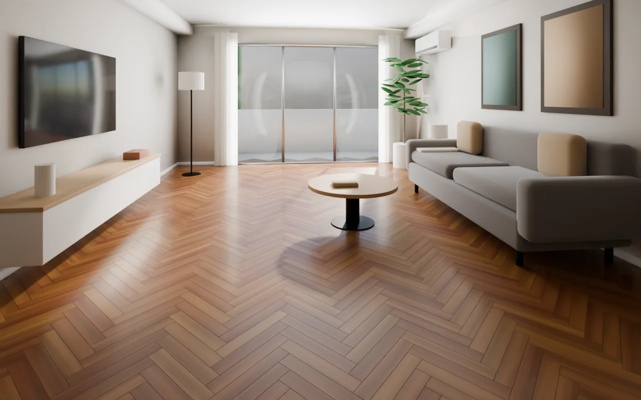 The same HDB-style living room with a generic teak-tone herringbone parquet, afternoon sun