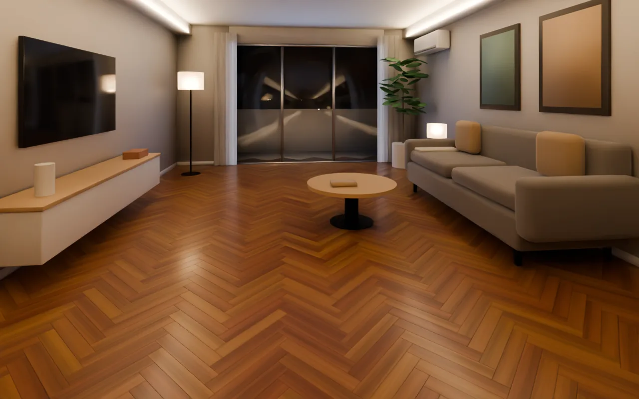 The same HDB-style living room with a generic teak-tone herringbone parquet, evening lights