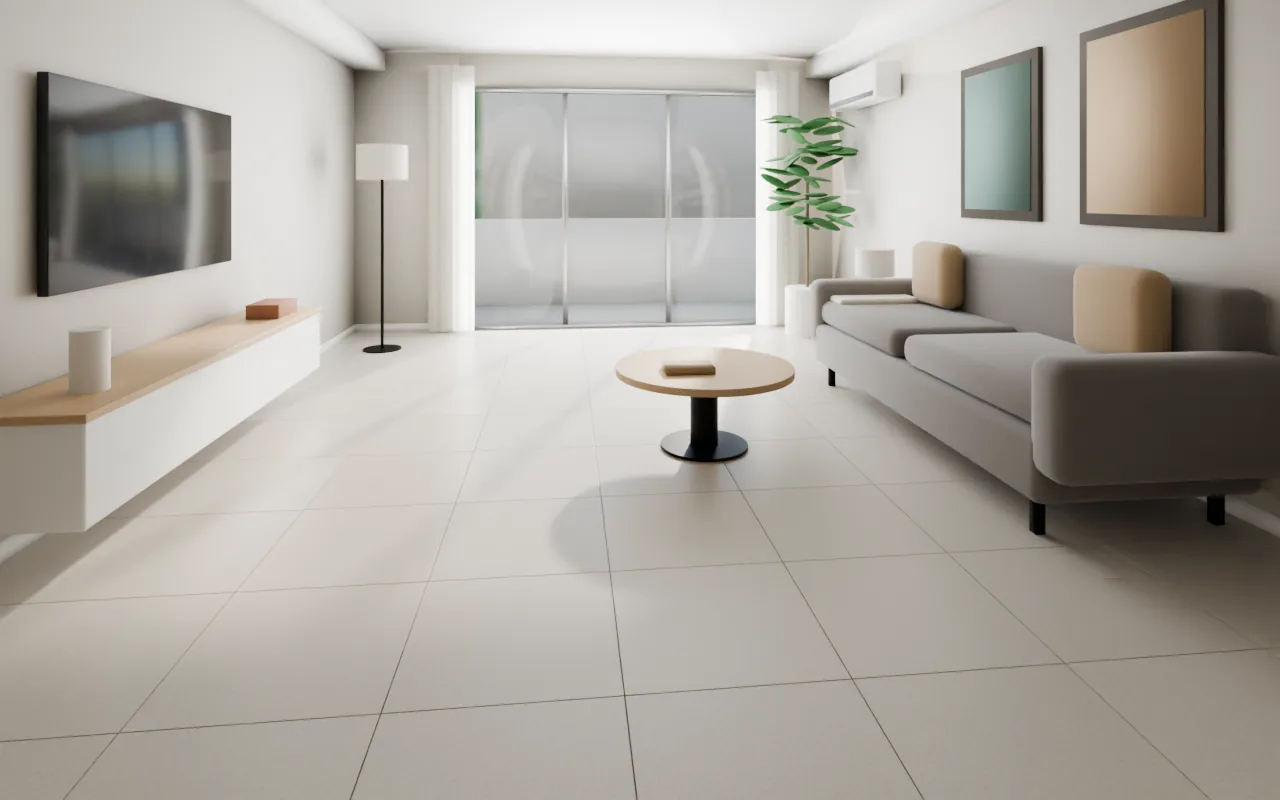 The same HDB-style living room with a generic warm grey homogeneous tile, afternoon sun