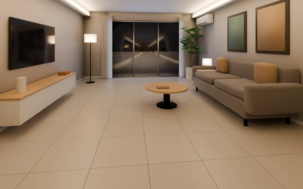 The same HDB-style living room with a generic warm grey homogeneous tile, evening lights