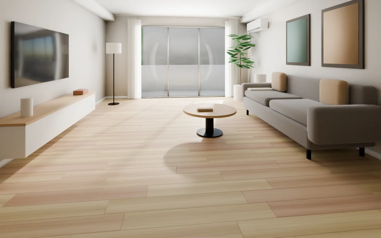 The same HDB-style living room with a generic oak-look SPC vinyl, planks running across the room, afternoon sun