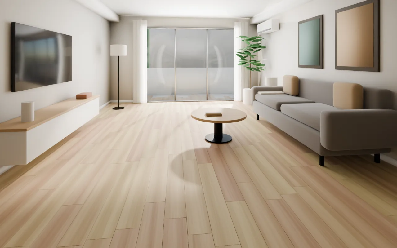 The same HDB-style living room with a generic oak-look SPC vinyl, afternoon sun