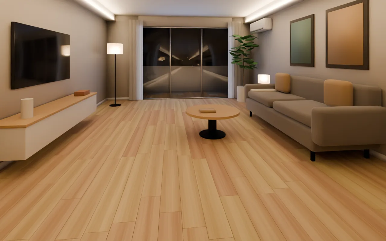 The same HDB-style living room with a generic oak-look SPC vinyl, evening lights