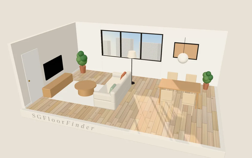 3D render of an HDB living room with light oak vinyl planks in the morning