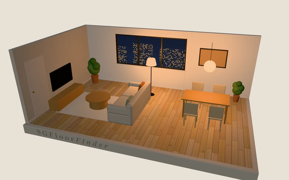 3D render of an HDB living room with light oak vinyl planks at night