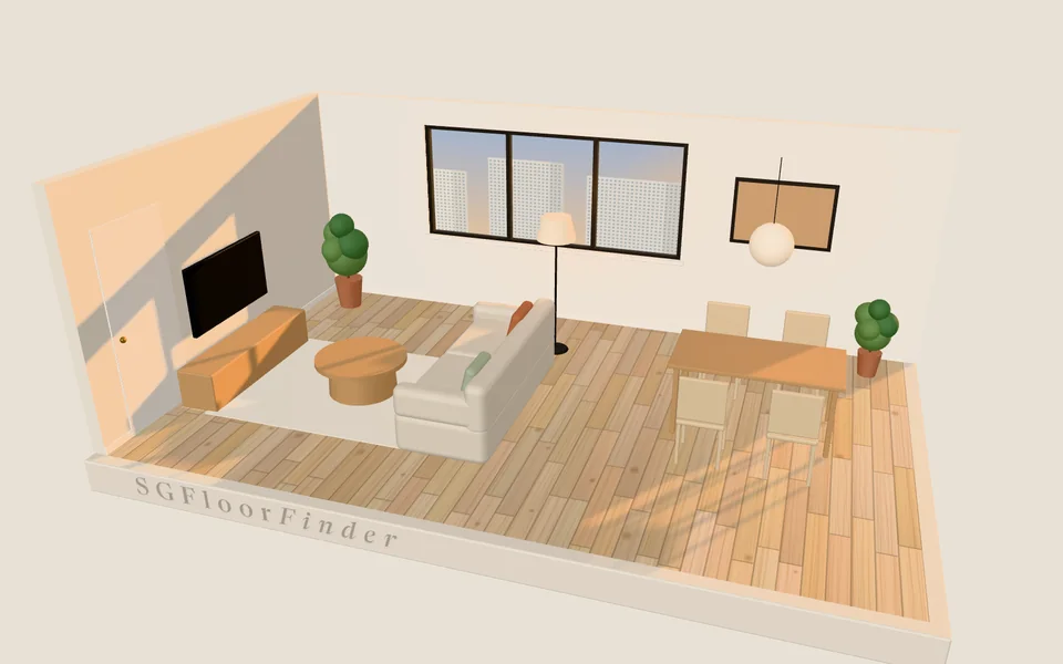 3D render of an HDB living room with light oak vinyl planks at 5pm