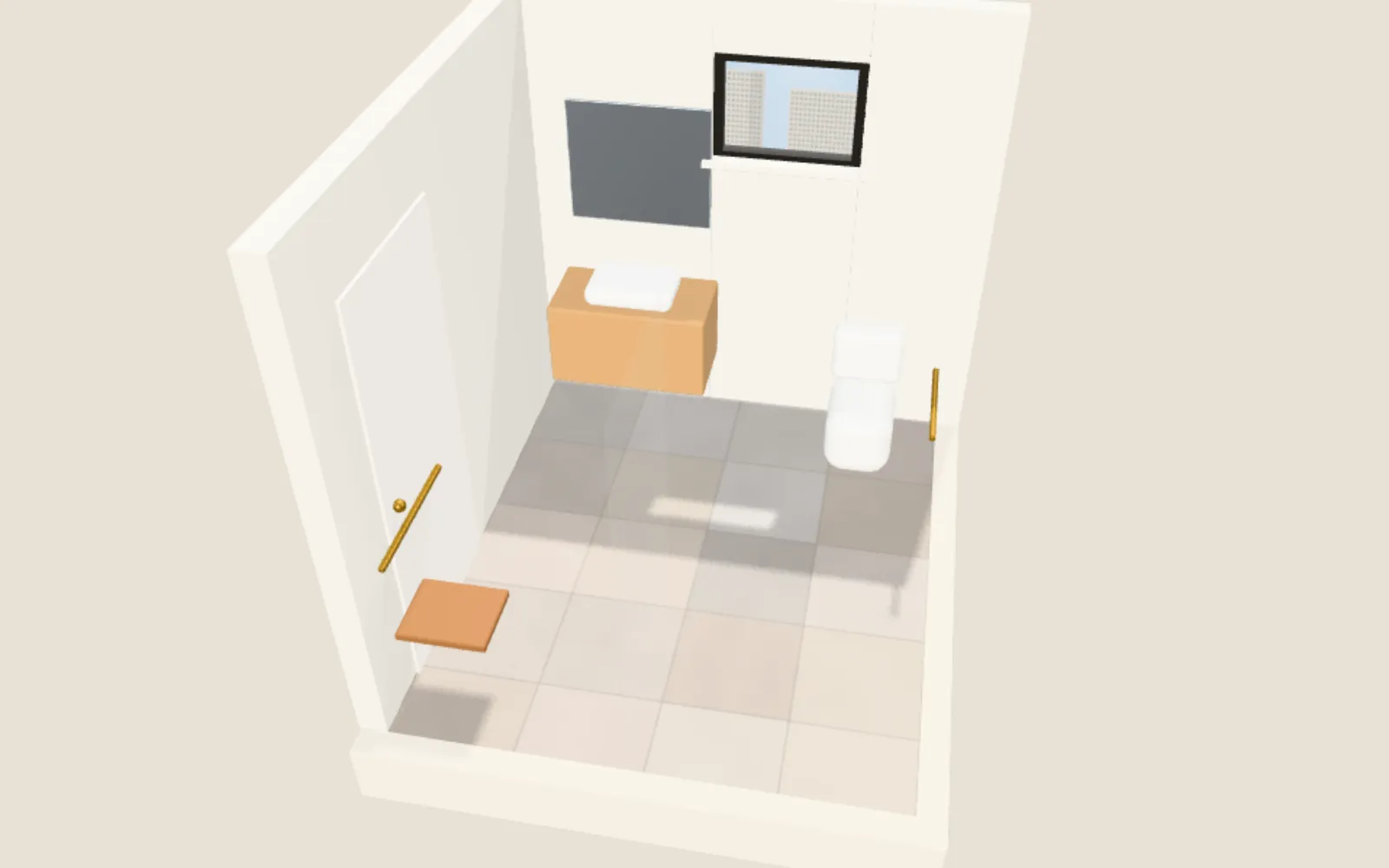 3D render of a bathroom with warm grey textured porcelain at noon