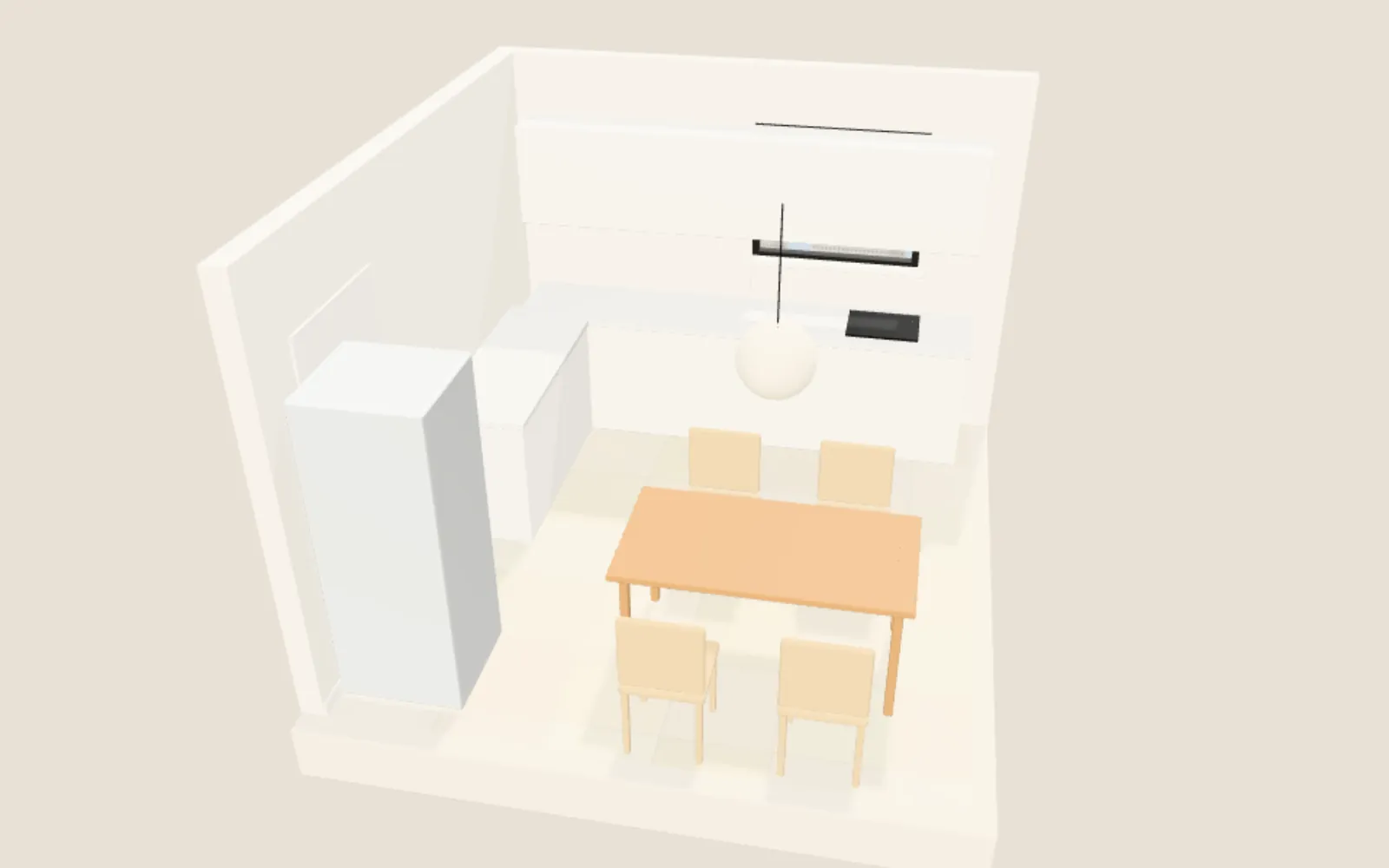 3D render of a kitchen with cream matte porcelain tiles at noon
