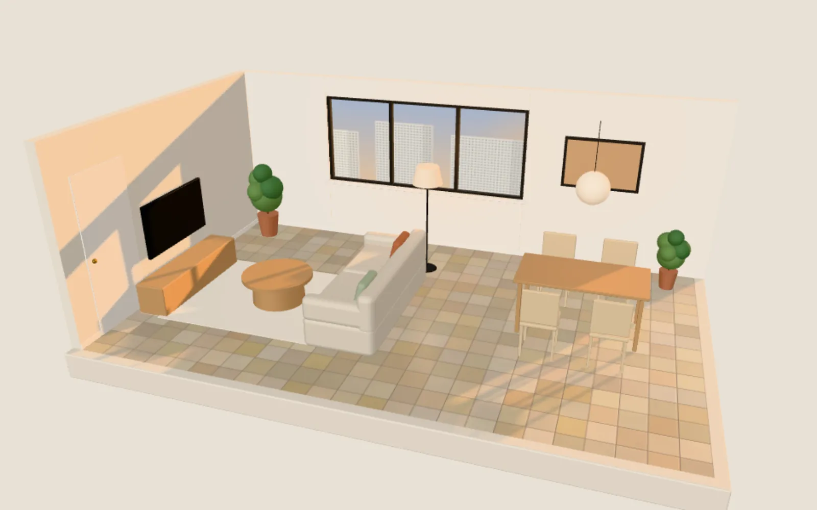 3D render of an HDB living room with old beige tiles at 5pm