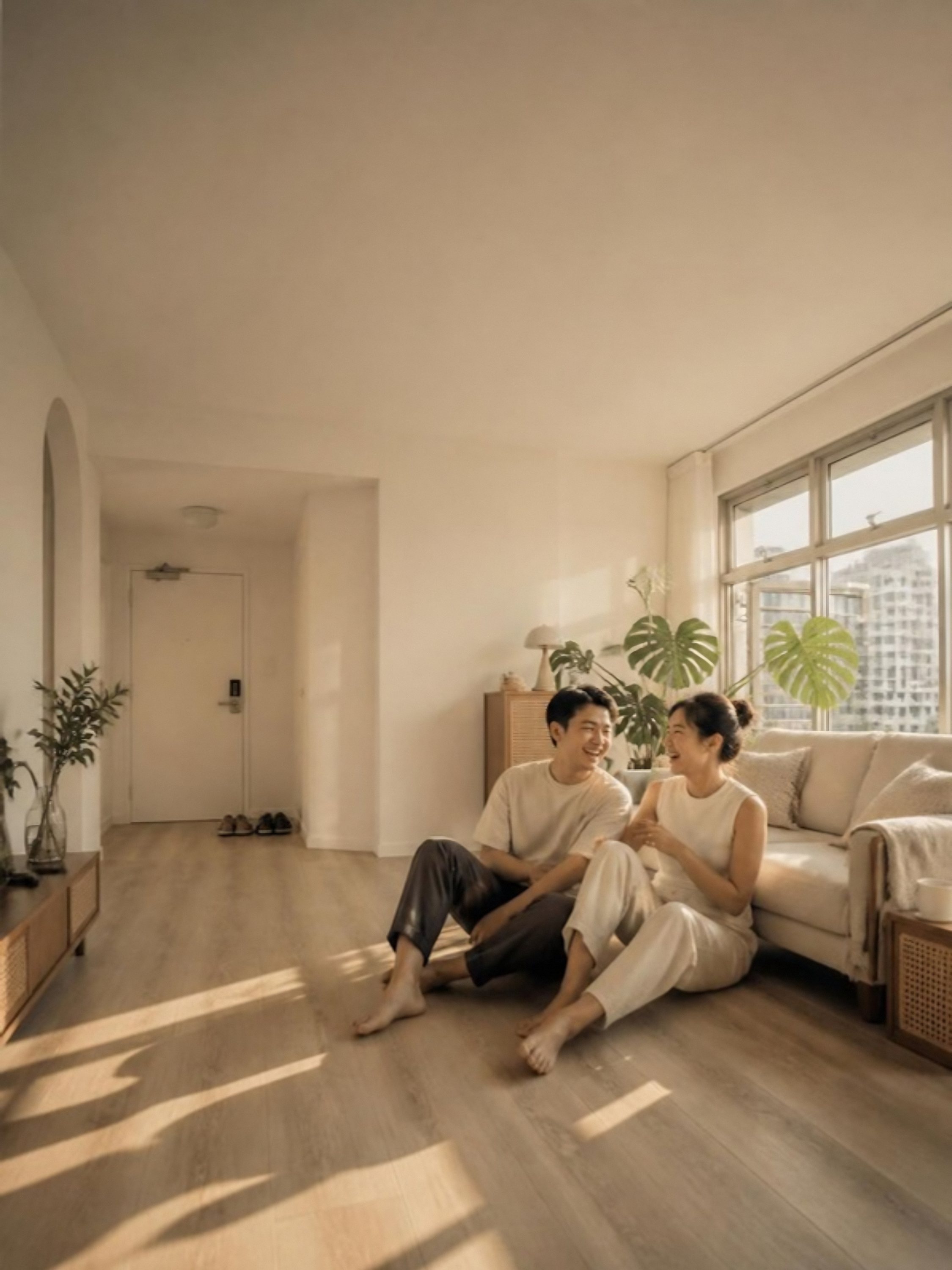 AI image of a couple laughing on a wood-look floor in an HDB living room, the 5pm sun coming in low
