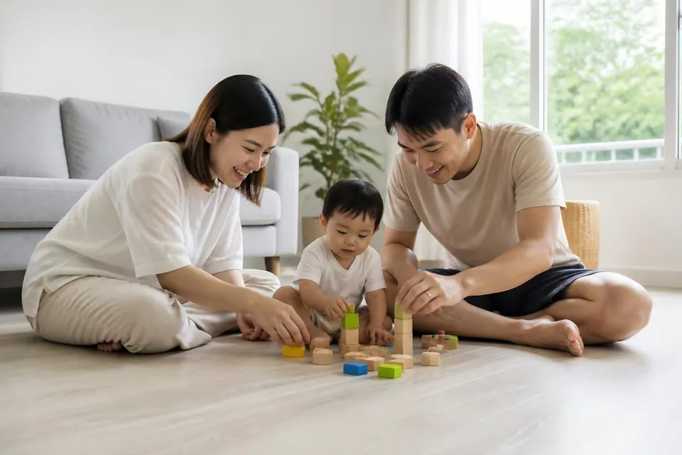 AI image of a young family building blocks with their baby on a light oak floor in an HDB flat