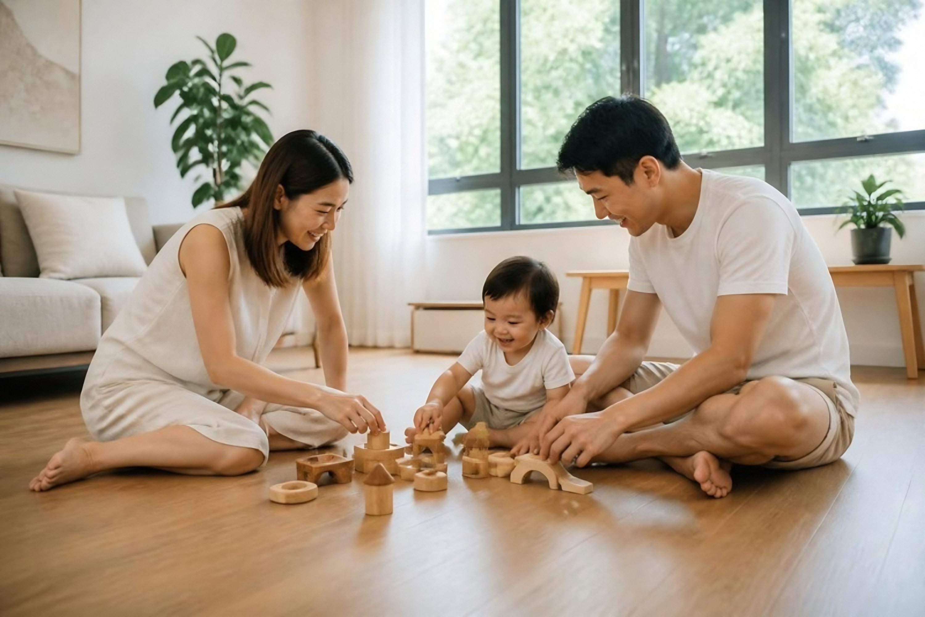 AI image of a young family building blocks with their baby on a light oak floor in an HDB flat