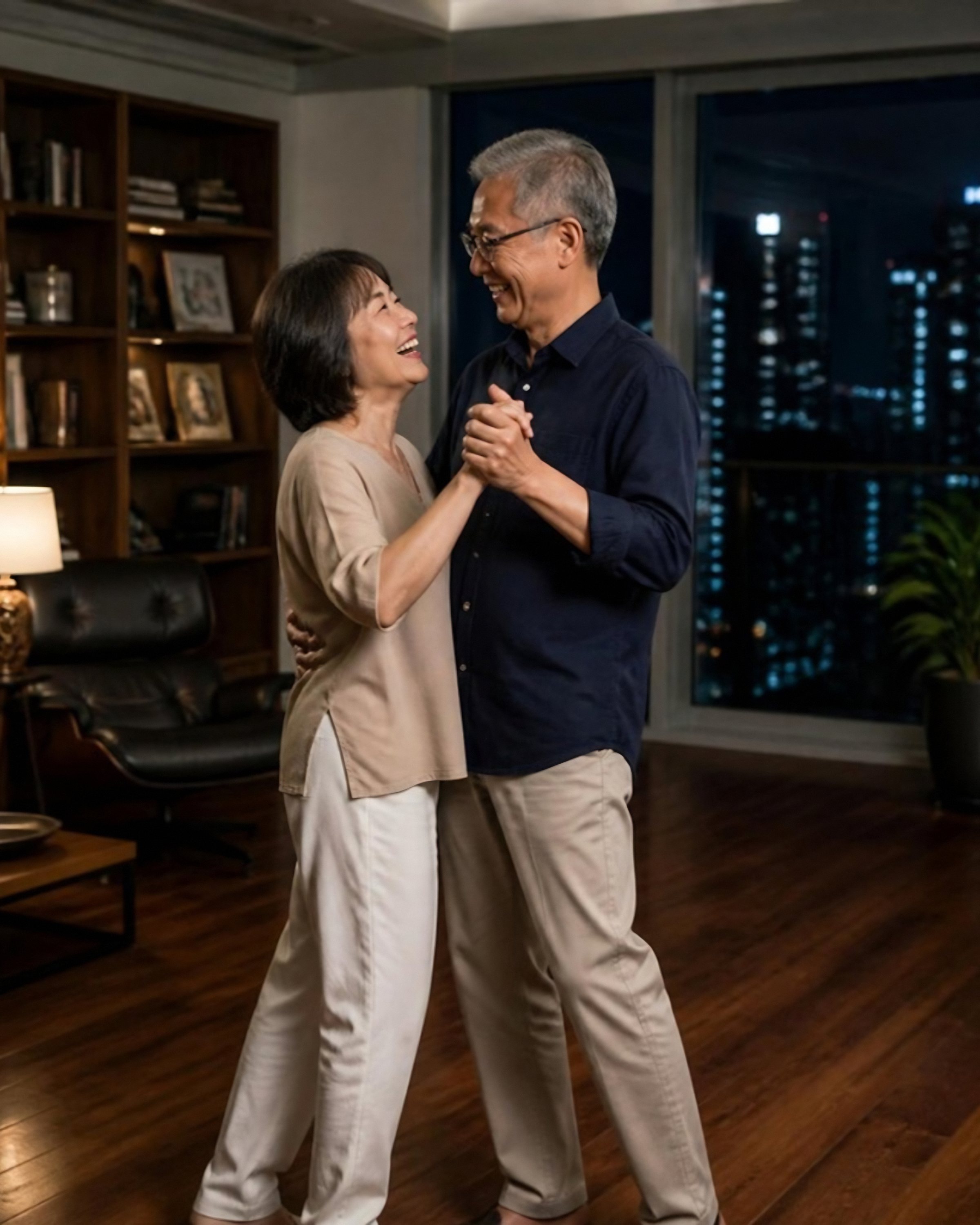 AI image of an older couple dancing on a walnut-tone floor in a condo at night