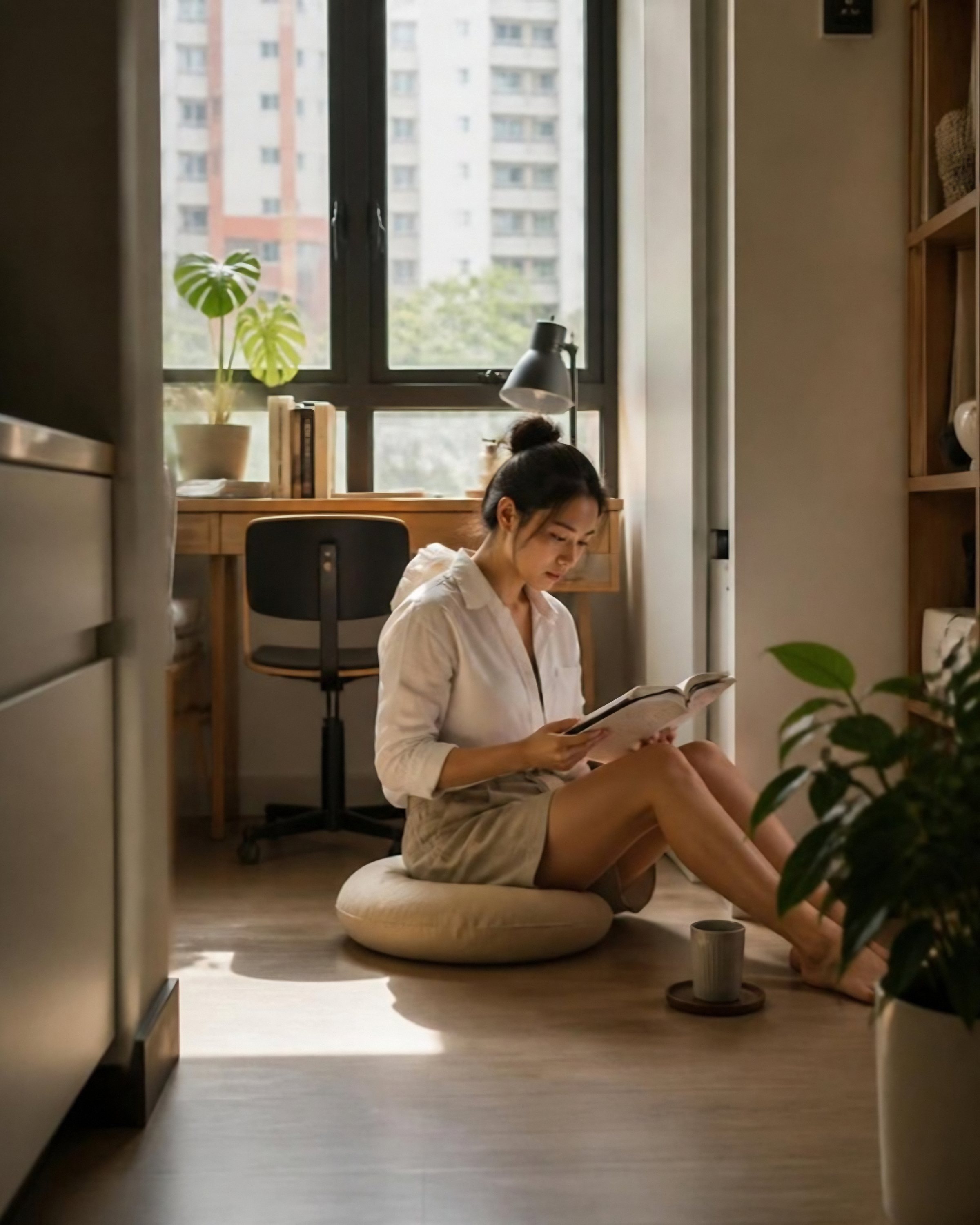AI image of a woman reading on a pouf in a small sunlit flat with a honey-toned wood-look floor
