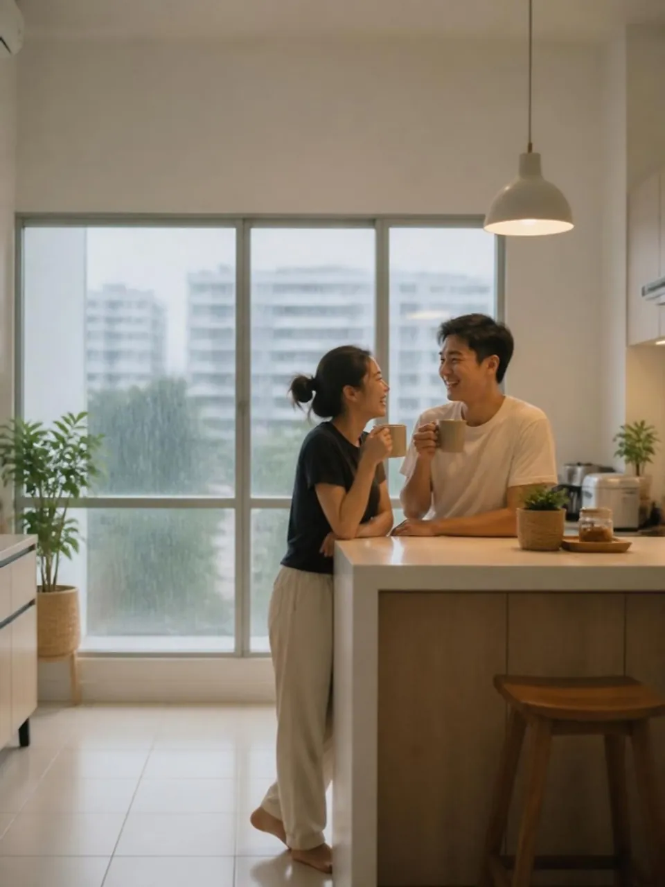 AI image of a couple laughing over mugs of tea in an HDB kitchen with cream tiles, rain streaming down the window behind them