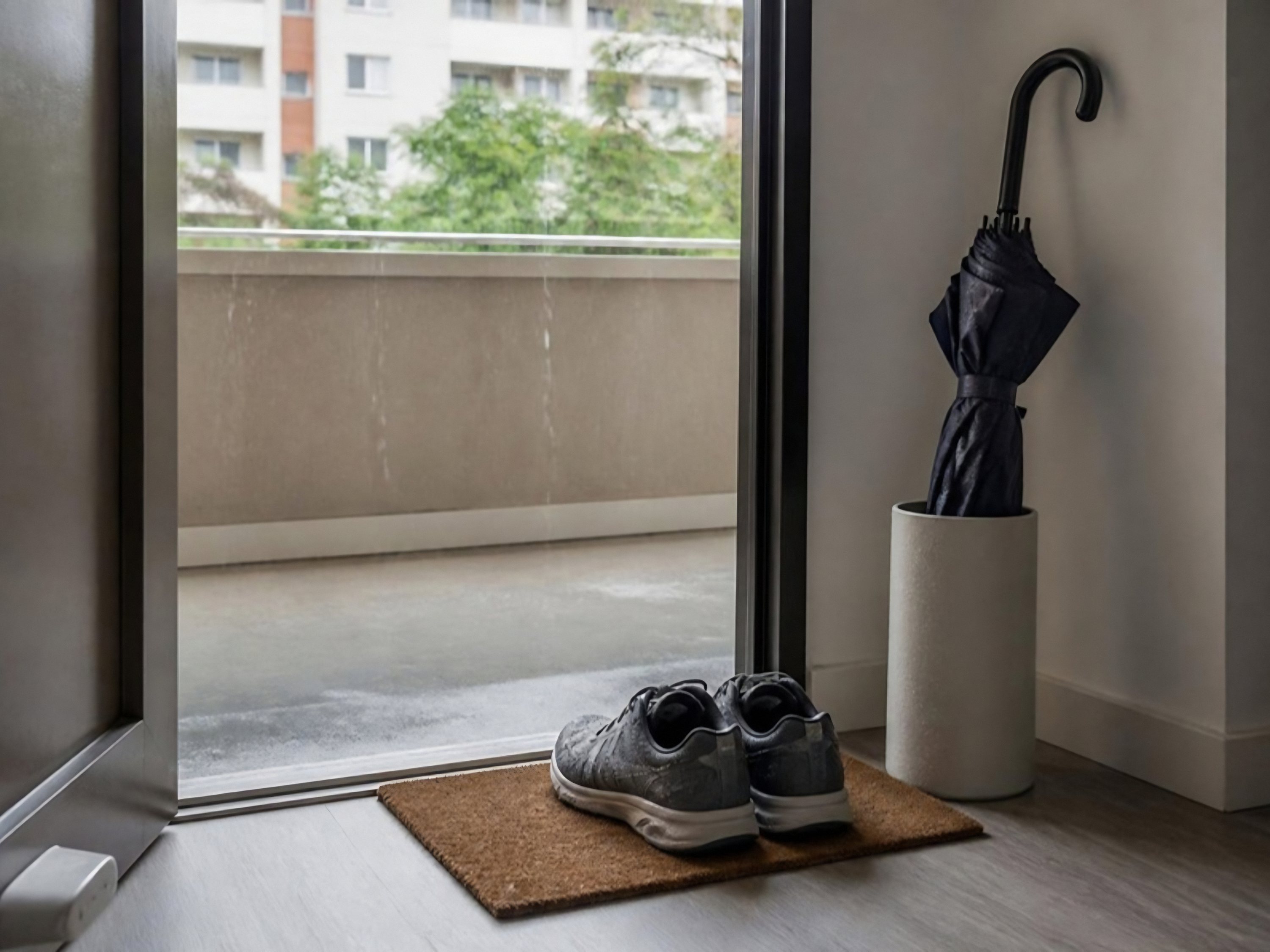 AI image of wet trainers on a coir mat inside an HDB front door, a dripping umbrella in a stand and rain in the corridor