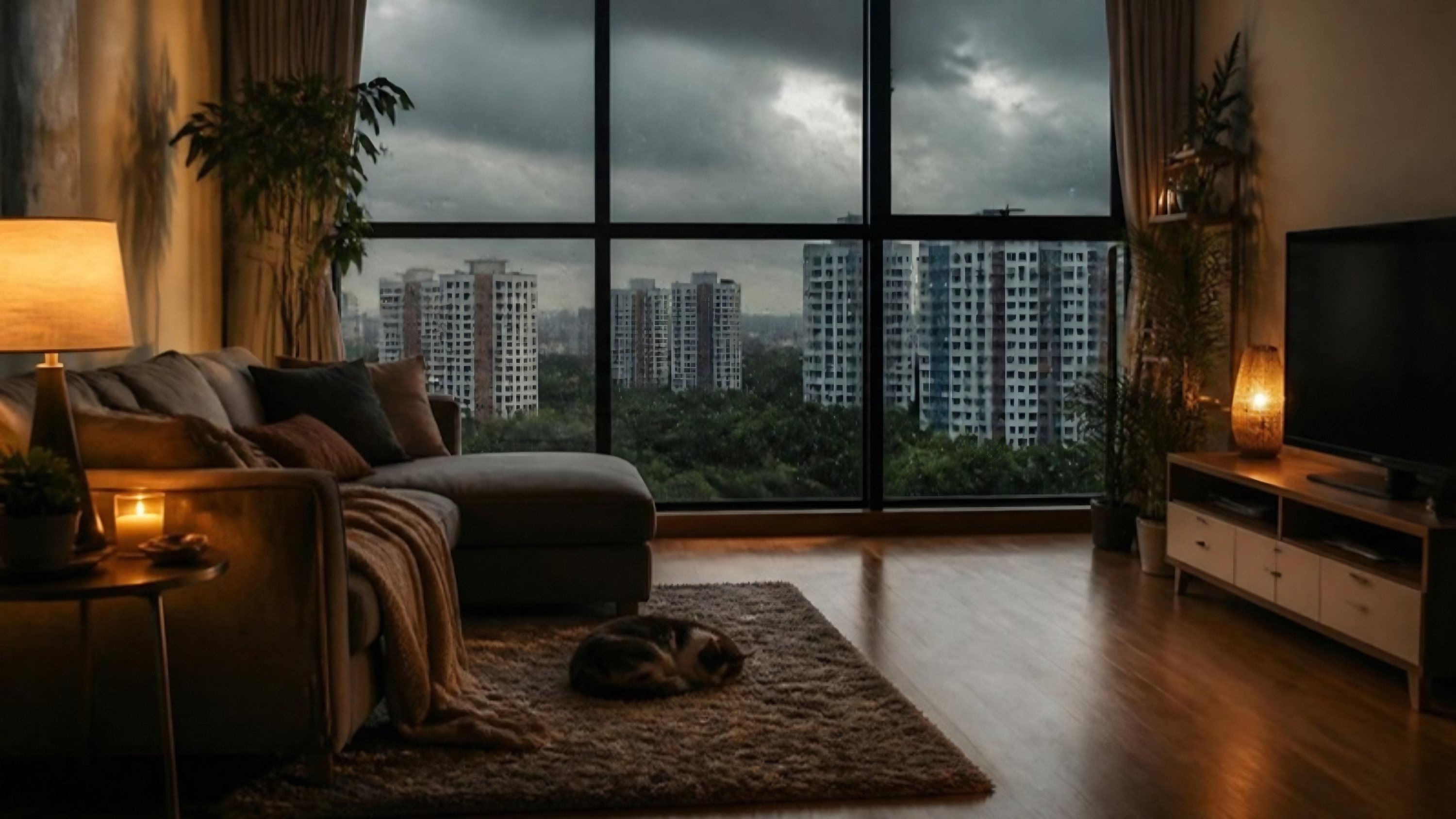 AI image of a living room on a stormy afternoon, dark clouds over the blocks outside, lamps on and a cat asleep on the rug