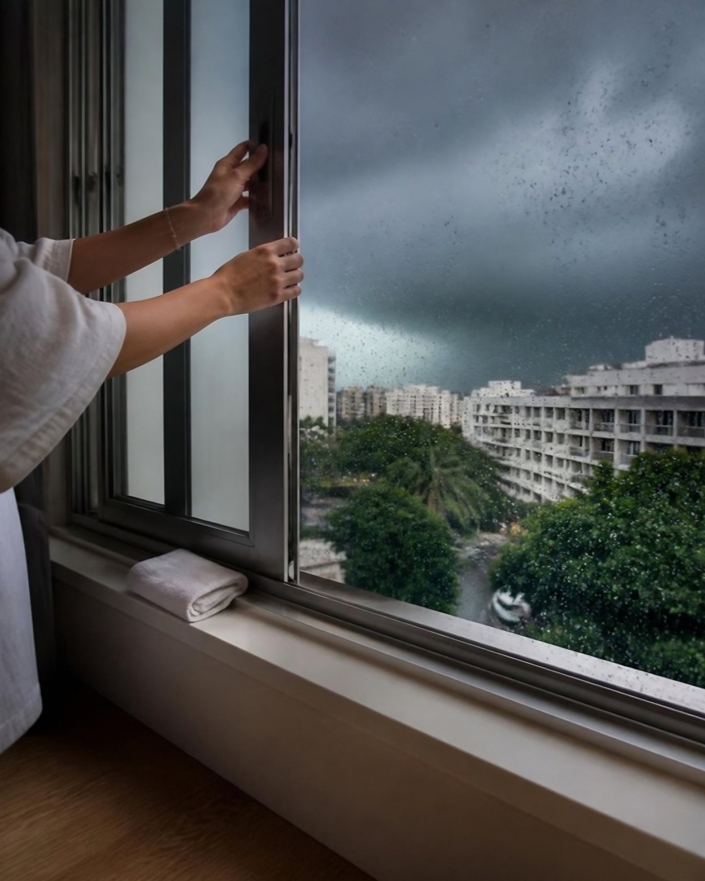 AI image of hands sliding a window shut as a dark storm rolls over the blocks outside, a folded towel on the sill