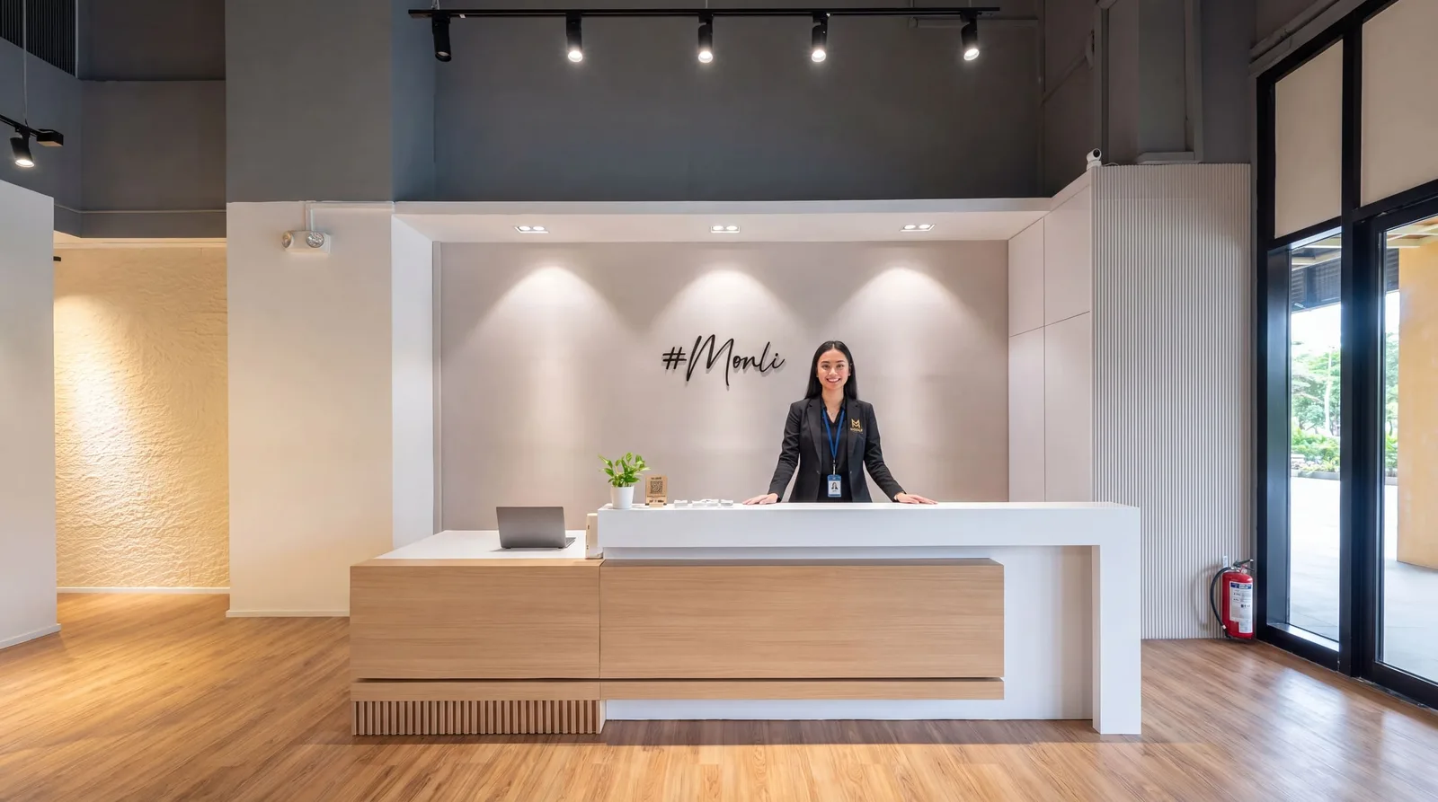 Monli's showroom: the #Monli sign on a lit wall behind the counter, a member of staff standing at it, and a timber-look floor in front.